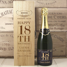 Load image into Gallery viewer, Single Bottle With A Custom Printed Label And Lasered Wooden Box- 18th Birthday
