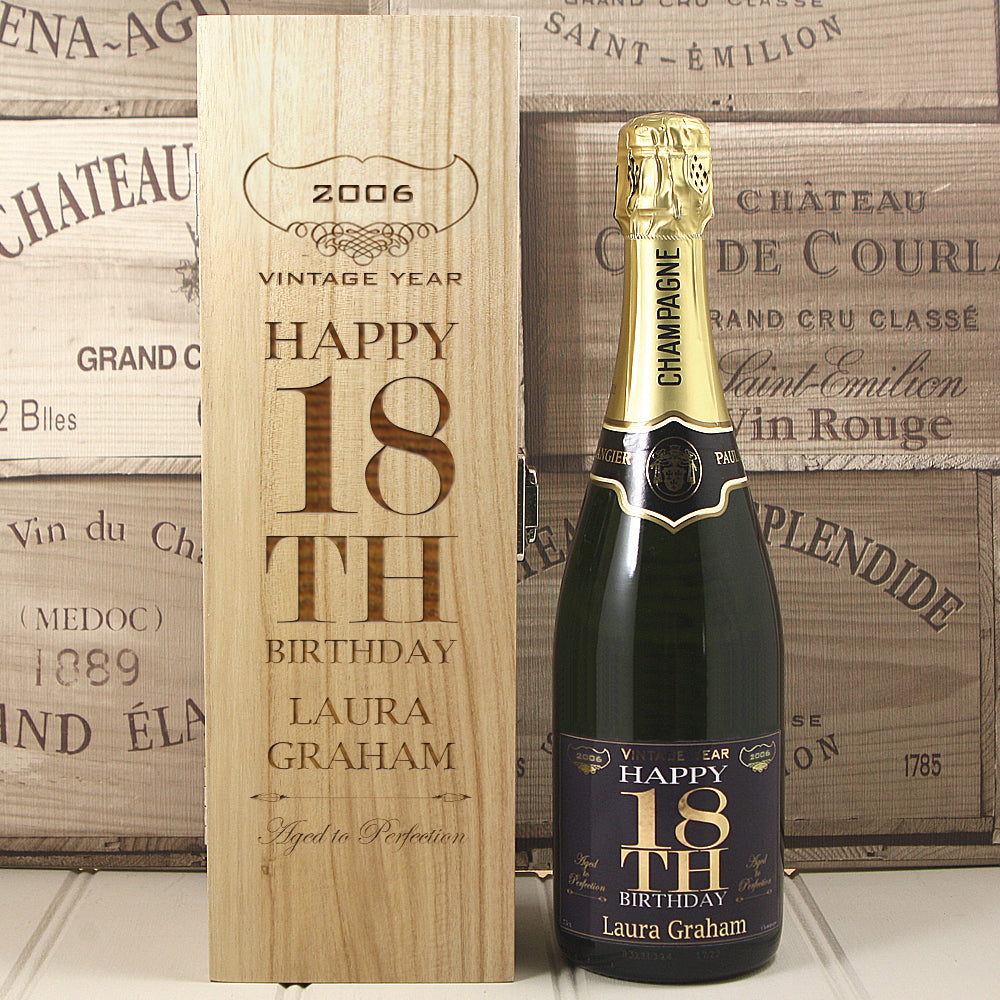 Single Bottle With A Custom Printed Label And Lasered Wooden Box- 18th Birthday
