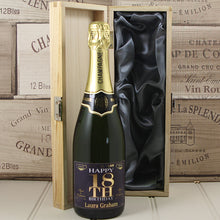 Load image into Gallery viewer, Single Bottle With A Custom Printed Label And Lasered Wooden Box- 18th Birthday
