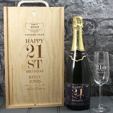 Load image into Gallery viewer, Single Champagne Bottle With A Printed Label With A Double Lasered Wooden Box and Engraved Glass- 21st Birthday
