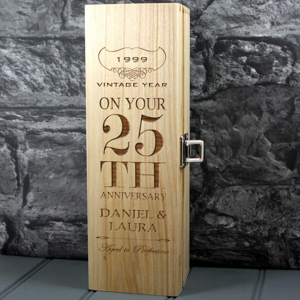 Single Wooden Champagne Box with Laser Engraving -25th Anniversary