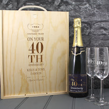 Load image into Gallery viewer, Single Champagne Bottle With A Printed Label, 2 Glasses &amp; Lasered Triple Wooden Box- 40th Anniversary
