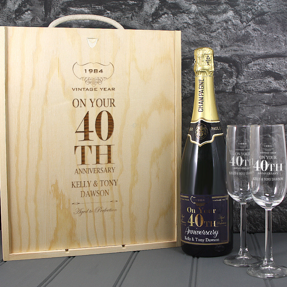 Single Champagne Bottle With A Printed Label, 2 Glasses & Lasered Triple Wooden Box- 40th Anniversary