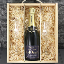 Load image into Gallery viewer, Single Champagne Bottle With A Printed Label, 2 Glasses &amp; Lasered Triple Wooden Box- 40th Anniversary
