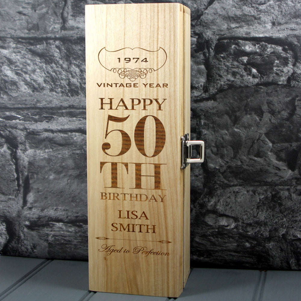 Single Wooden Champagne Box with Laser Engraving -50th Birthday