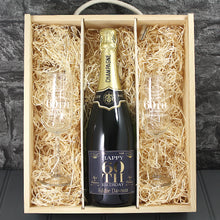Load image into Gallery viewer, Single Champagne Bottle With A Printed Label, 2 Glasses &amp; Lasered Triple Wooden Box- 60th Birthday
