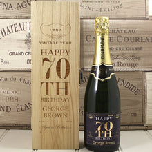 Load image into Gallery viewer, Single Bottle With A Custom Printed Label And Lasered Wooden Box- 70th Birthday
