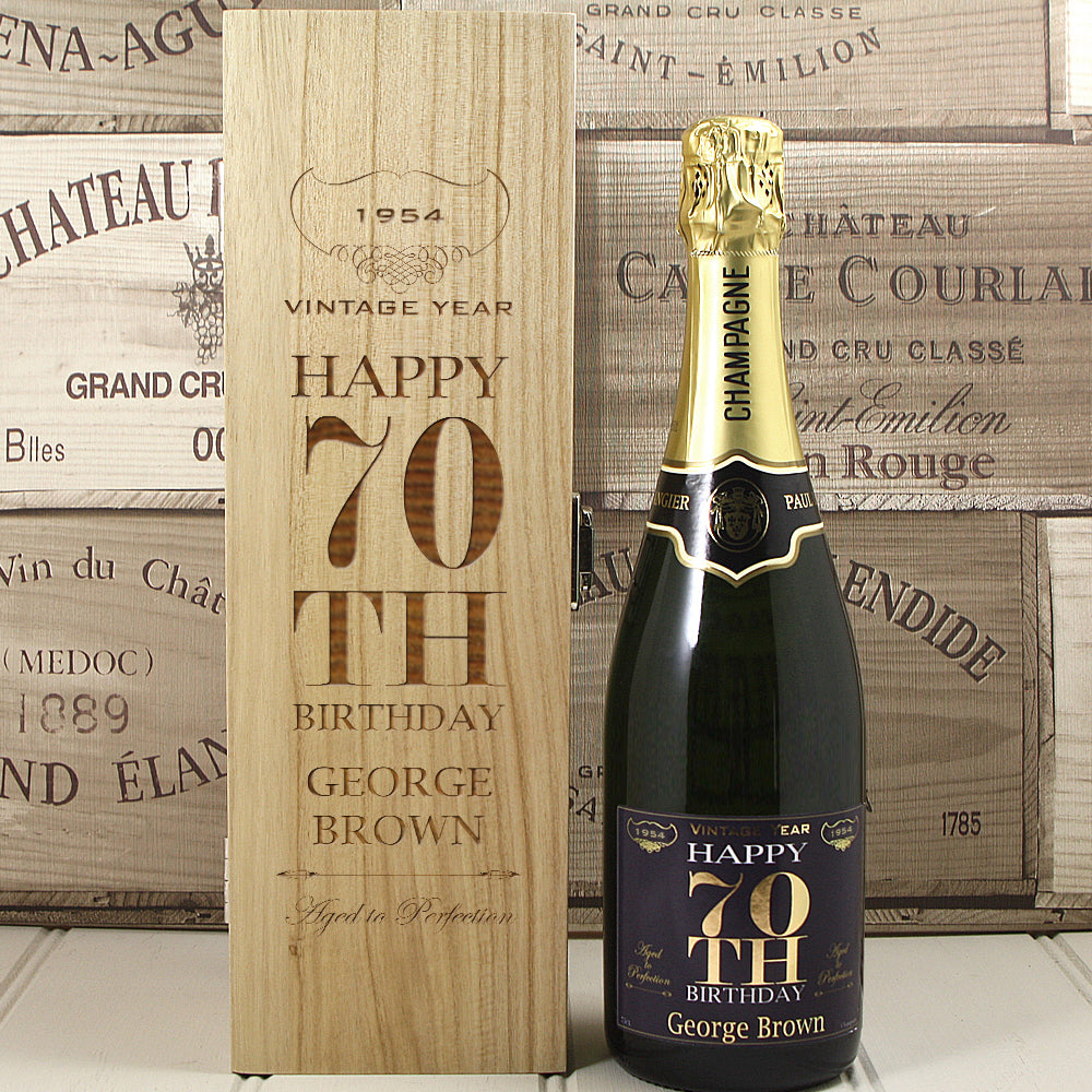 Single Bottle With A Custom Printed Label And Lasered Wooden Box- 70th Birthday