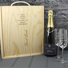 Load image into Gallery viewer, Single Champagne Bottle With A Printed Label, 2 Glasses &amp; Lasered Triple Wooden Box- Good Luck
