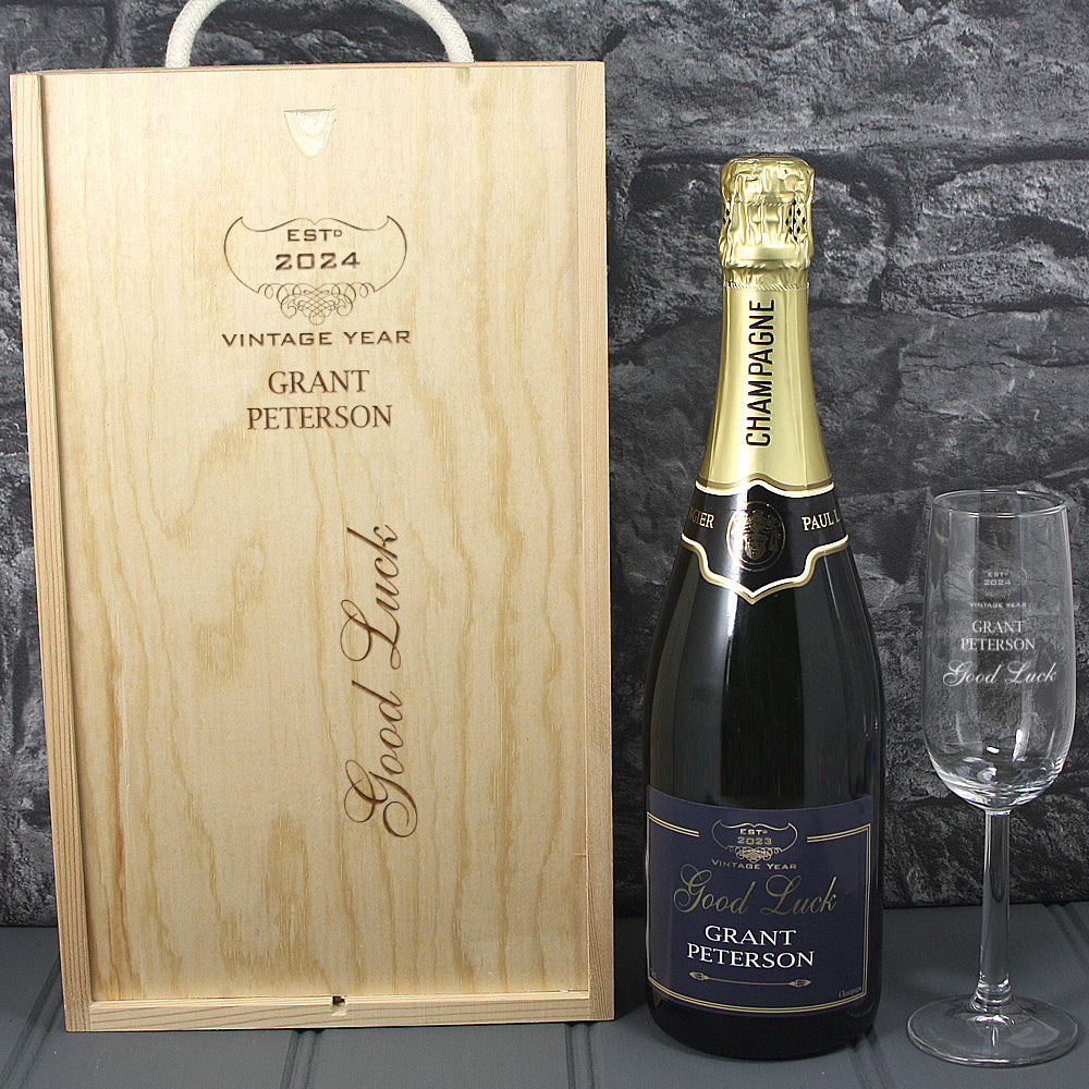 Single Champagne Bottle With A Printed Label With A Double Lasered Wooden Box and Engraved Glass- Good Luck