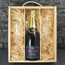 Load image into Gallery viewer, Single Champagne Bottle With A Printed Label, 2 Glasses &amp; Lasered Triple Wooden Box- Good Luck
