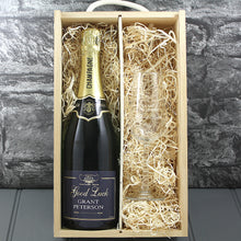 Load image into Gallery viewer, Single Champagne Bottle With A Printed Label With A Double Lasered Wooden Box and Engraved Glass- Good Luck
