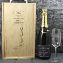 Load image into Gallery viewer, Single Champagne Bottle With A Printed Label With A Double Lasered Wooden Box and Engraved Glass- Graduation
