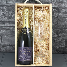 Load image into Gallery viewer, Single Champagne Bottle With A Printed Label With A Double Lasered Wooden Box and Engraved Glass- New Home
