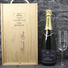 Load image into Gallery viewer, Single Champagne Bottle With A Printed Label With A Double Lasered Wooden Box and Engraved Glass- Thank You
