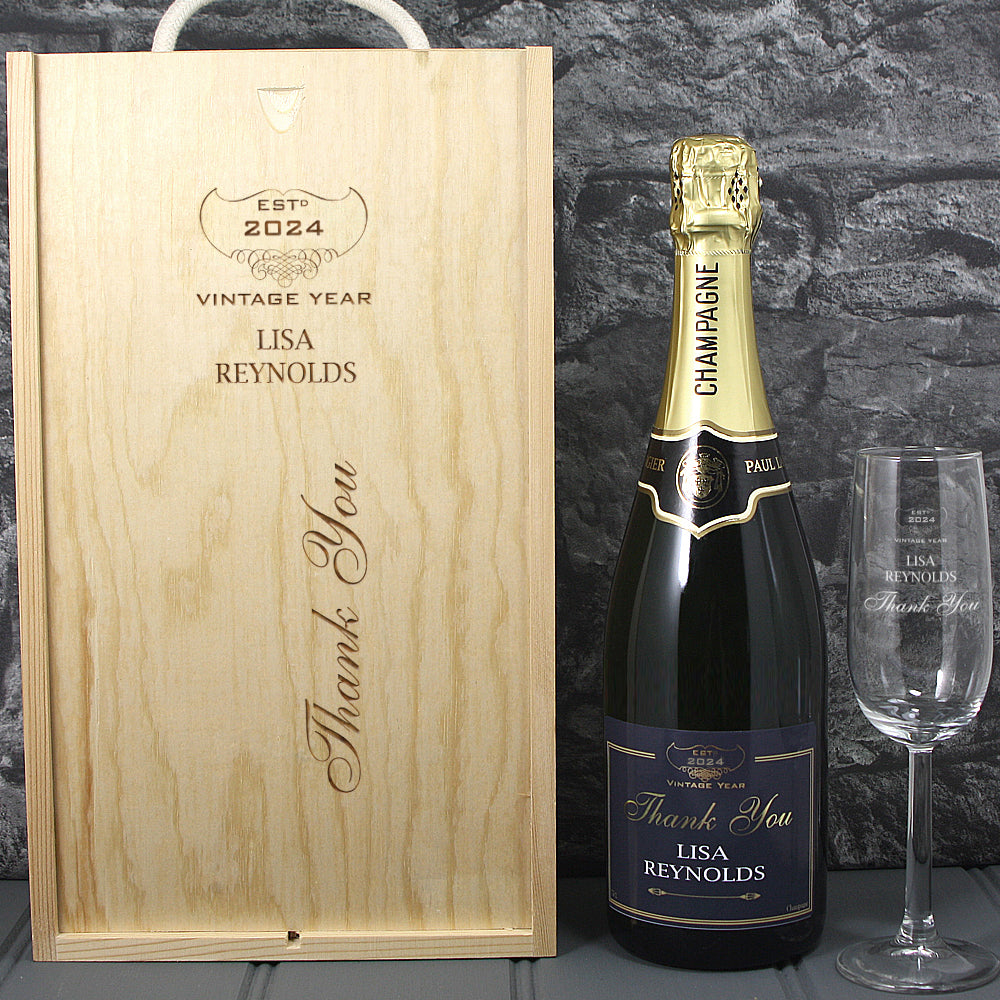 Single Champagne Bottle With A Printed Label With A Double Lasered Wooden Box and Engraved Glass- Thank You