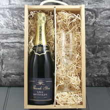 Load image into Gallery viewer, Single Champagne Bottle With A Printed Label With A Double Lasered Wooden Box and Engraved Glass- Thank You
