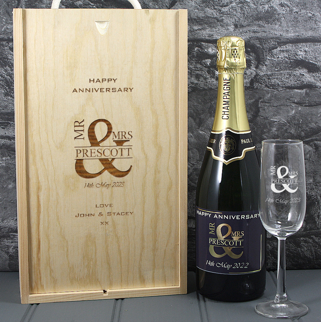 Single Champagne Bottle With A Printed Label With A Double Lasered Wooden Box and Engraved Glass- Anniversary